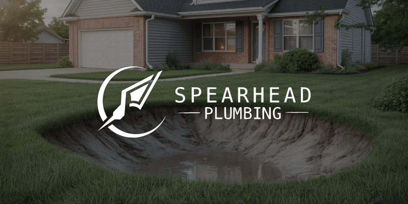 Sunken lawn and soil erosion in a St. Charles County Missouri yard caused by collapsing sewer line, illustrating sewer backup and drainage failure risks